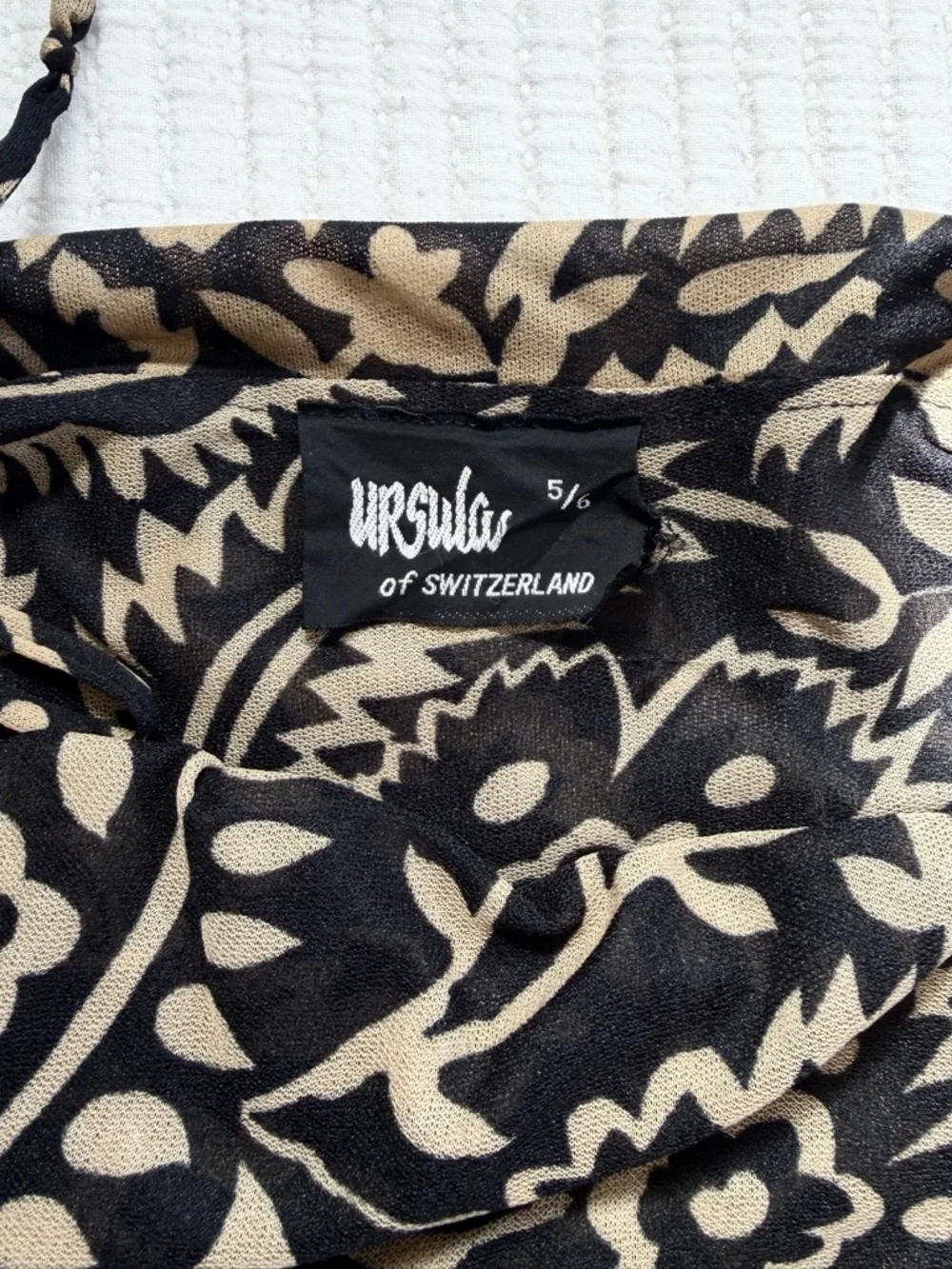70’s Vintage Black & Tan Printed Tiered Maxi Handkerchief Dress with Tie Straps - Picture 3 of 6